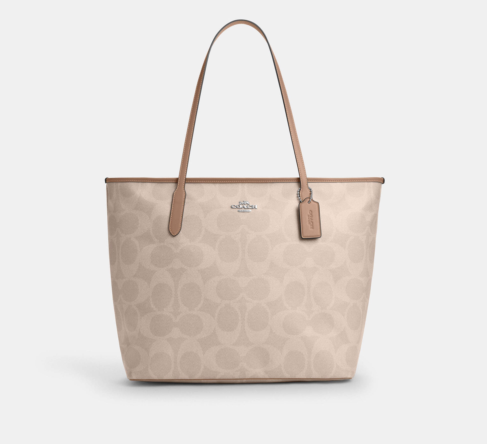 Coach Large City Tote Bag in Maxi Signature Canvas in Silver/Sand/Taupe - Front View
