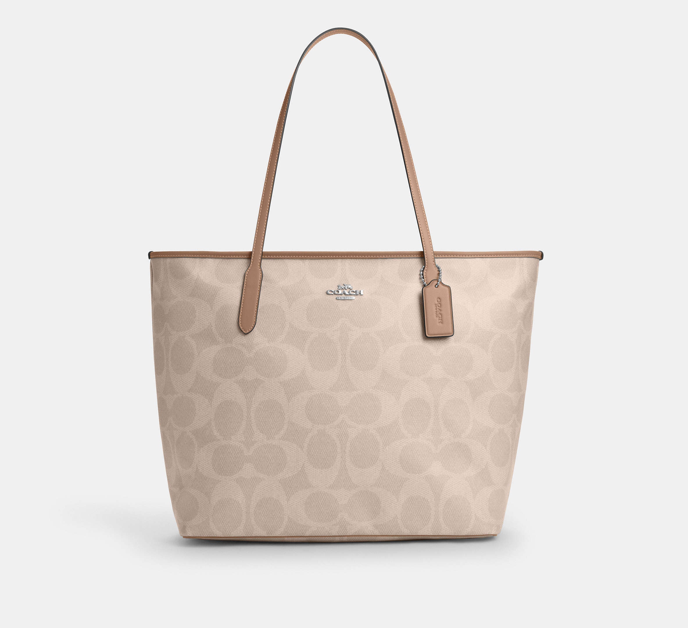 Coach Large City Tote Bag in Maxi Signature Canvas in Silver/Sand/Taupe - Front View