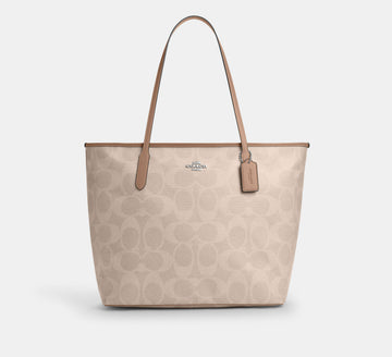 Coach Large City Tote Bag in Maxi Signature Canvas in Silver/Sand/Taupe - Front View