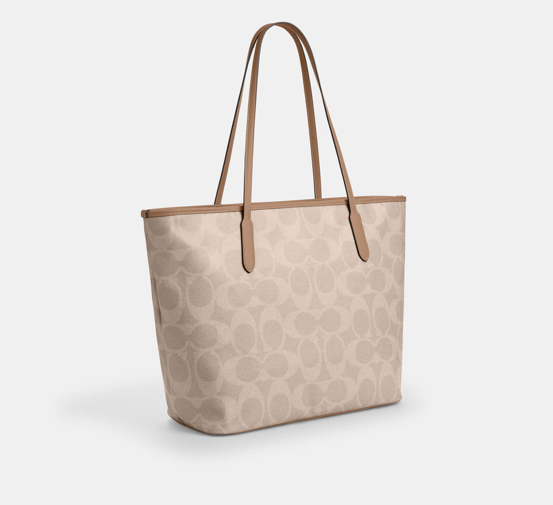 Coach Large City Tote Bag in Maxi Signature Canvas in Silver/Sand/Taupe - Front View