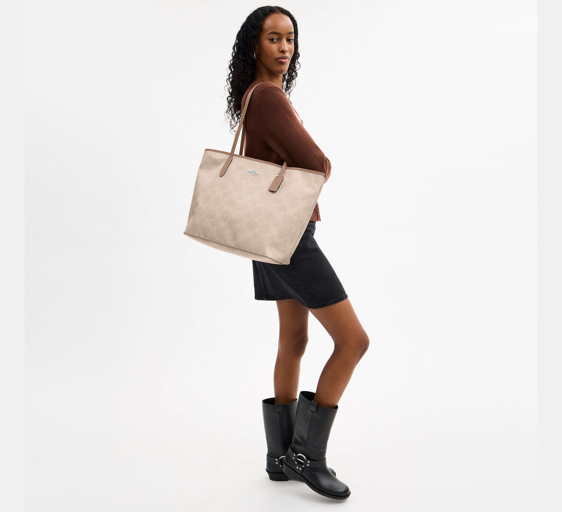 Coach Large City Tote Bag in Maxi Signature Canvas in Silver/Sand/Taupe - On Model
