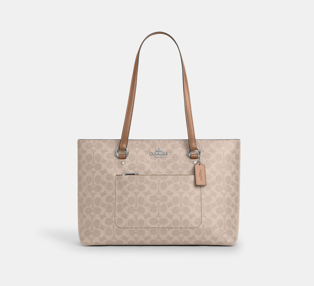 Coach Station Tote Bag in Signature Canvas in Silver/Sand/Taupe - Front View