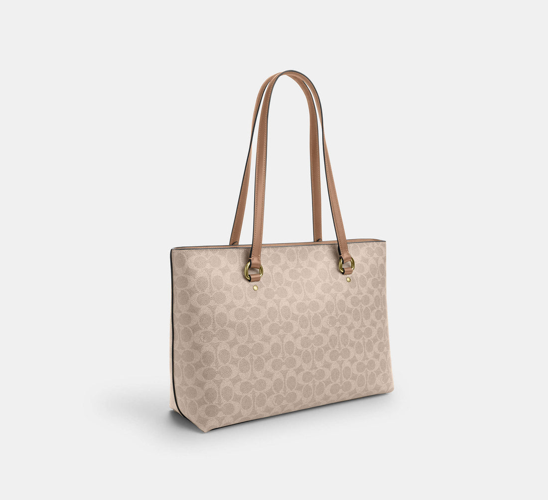 Coach Station Tote Bag in Signature Canvas in Silver/Sand/Taupe - Front View