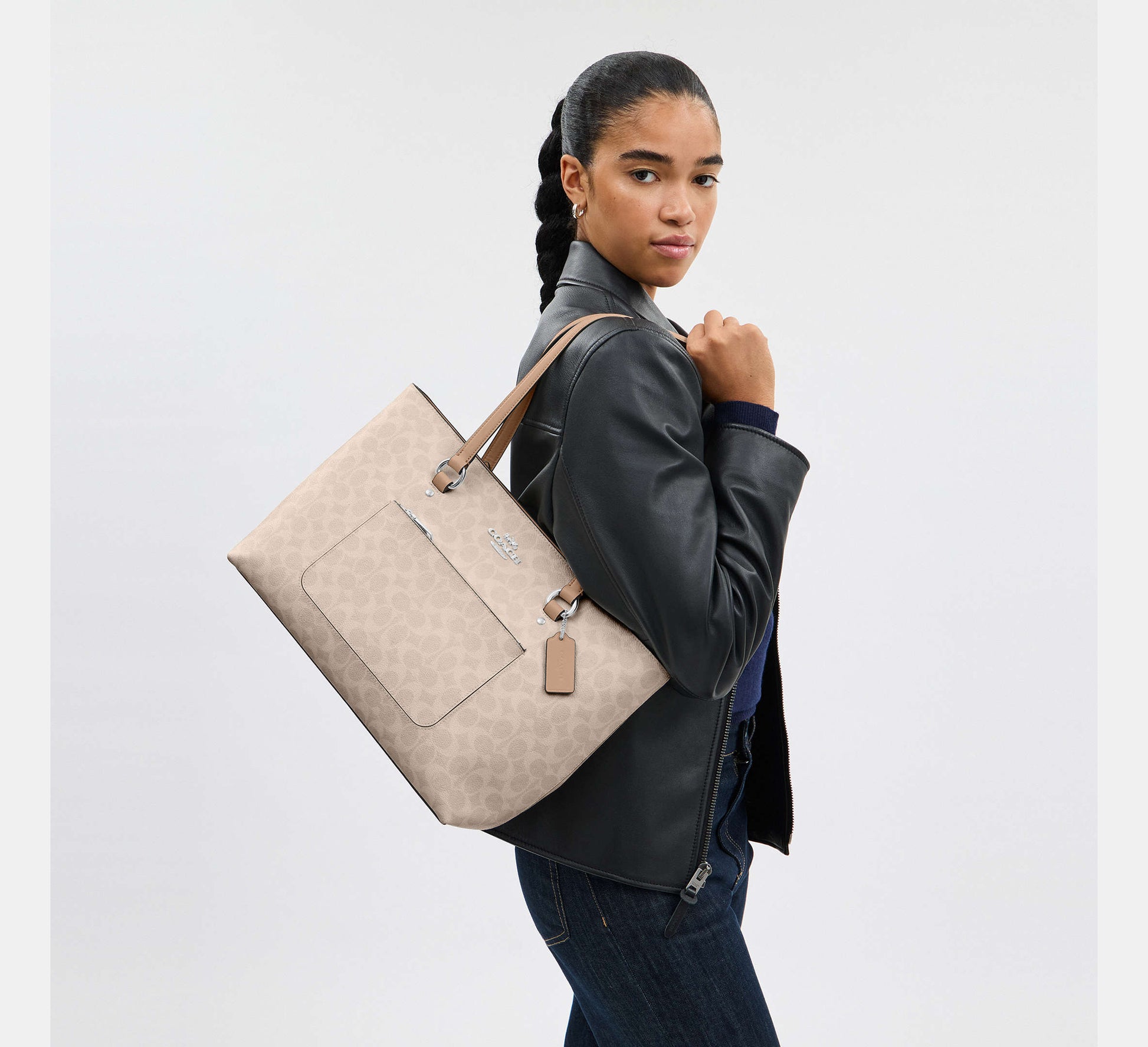 Coach Station Tote Bag in Signature Canvas in Silver/Sand/Taupe - On Model