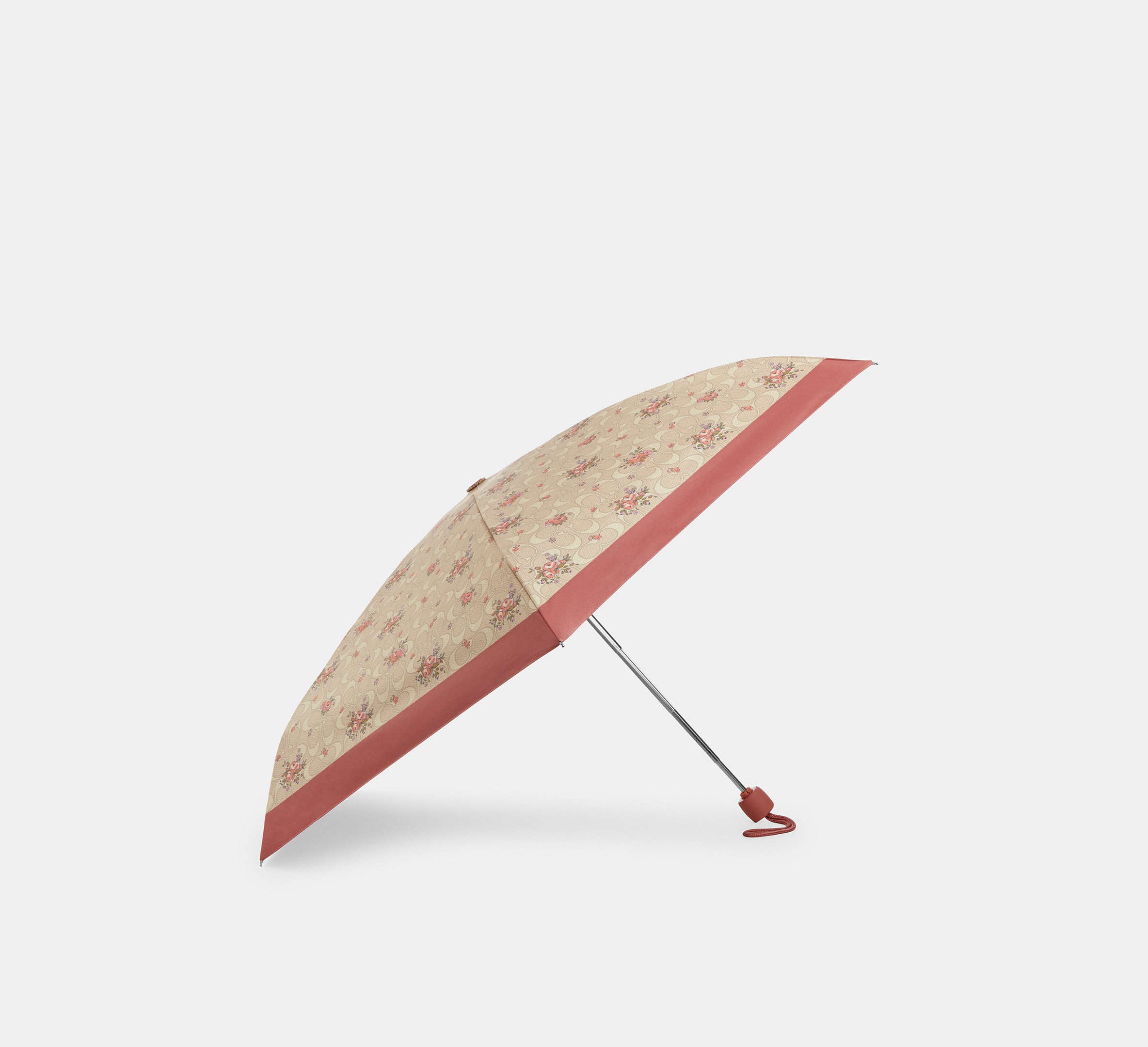 Coach UV Protection Mini Umbrella with Floral Print in Silver/Sand Multi - Front View