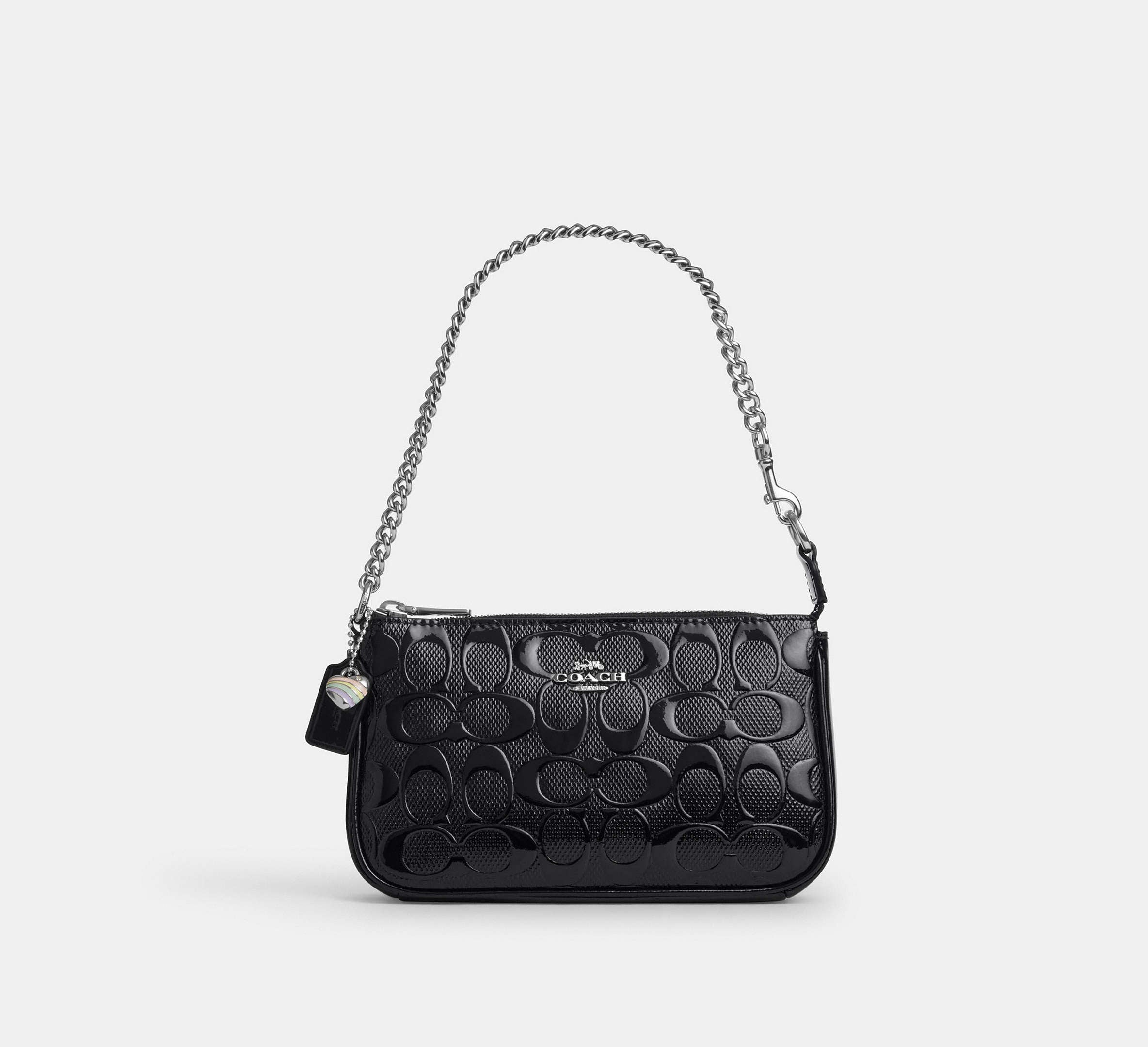 Coach Nolita 19 in Signature Leather with Heart Charm in Patent Silver/Black - Front View