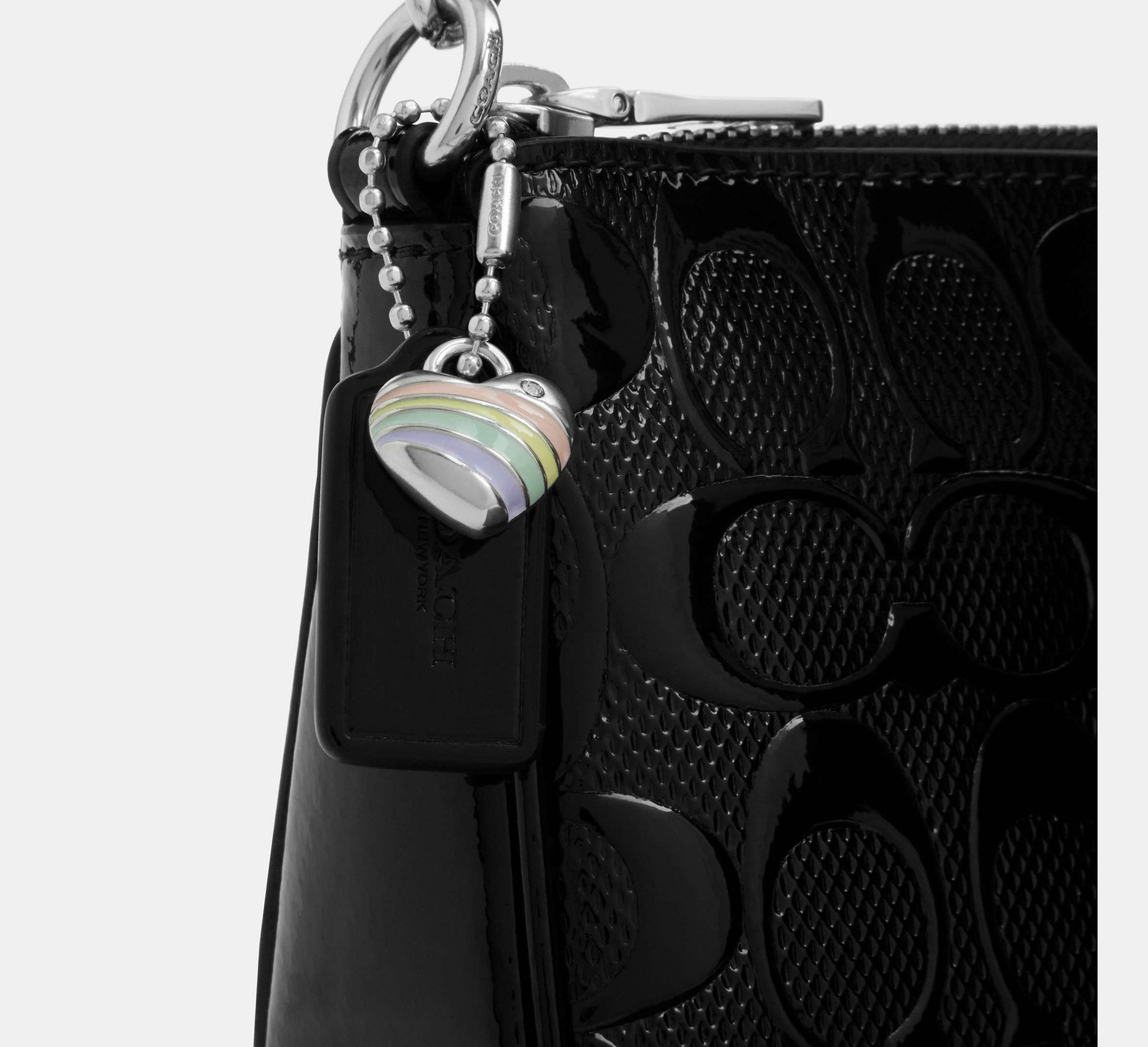 Coach Nolita 19 in Signature Leather with Heart Charm in Patent Silver/Black - Interior Open View