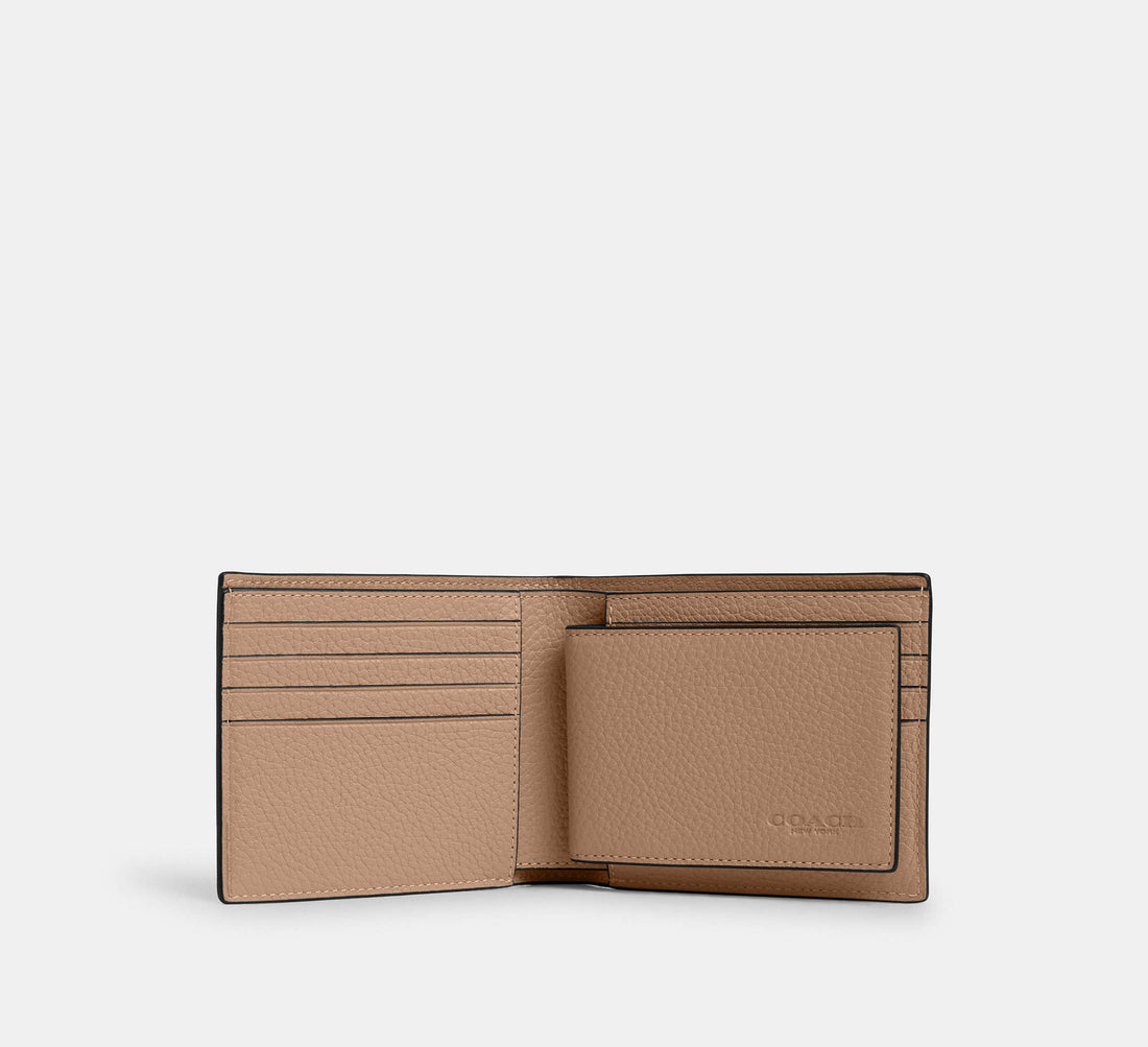 Coach 3 In 1 Wallet Pebbled Leather Taupe in beige - Front View | Authentic Coach Luxury Accessories