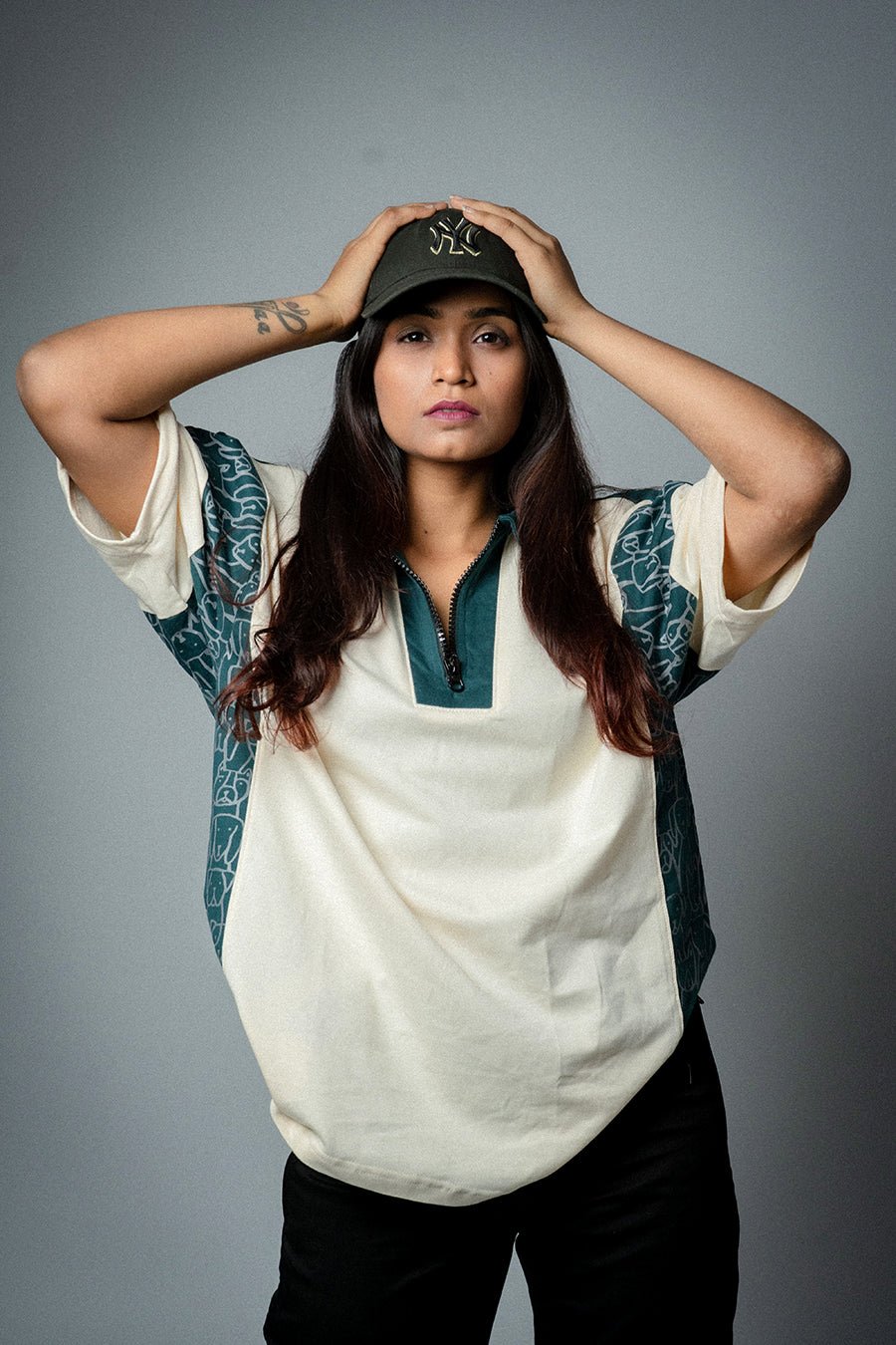 Cream & Green Oversized Polo