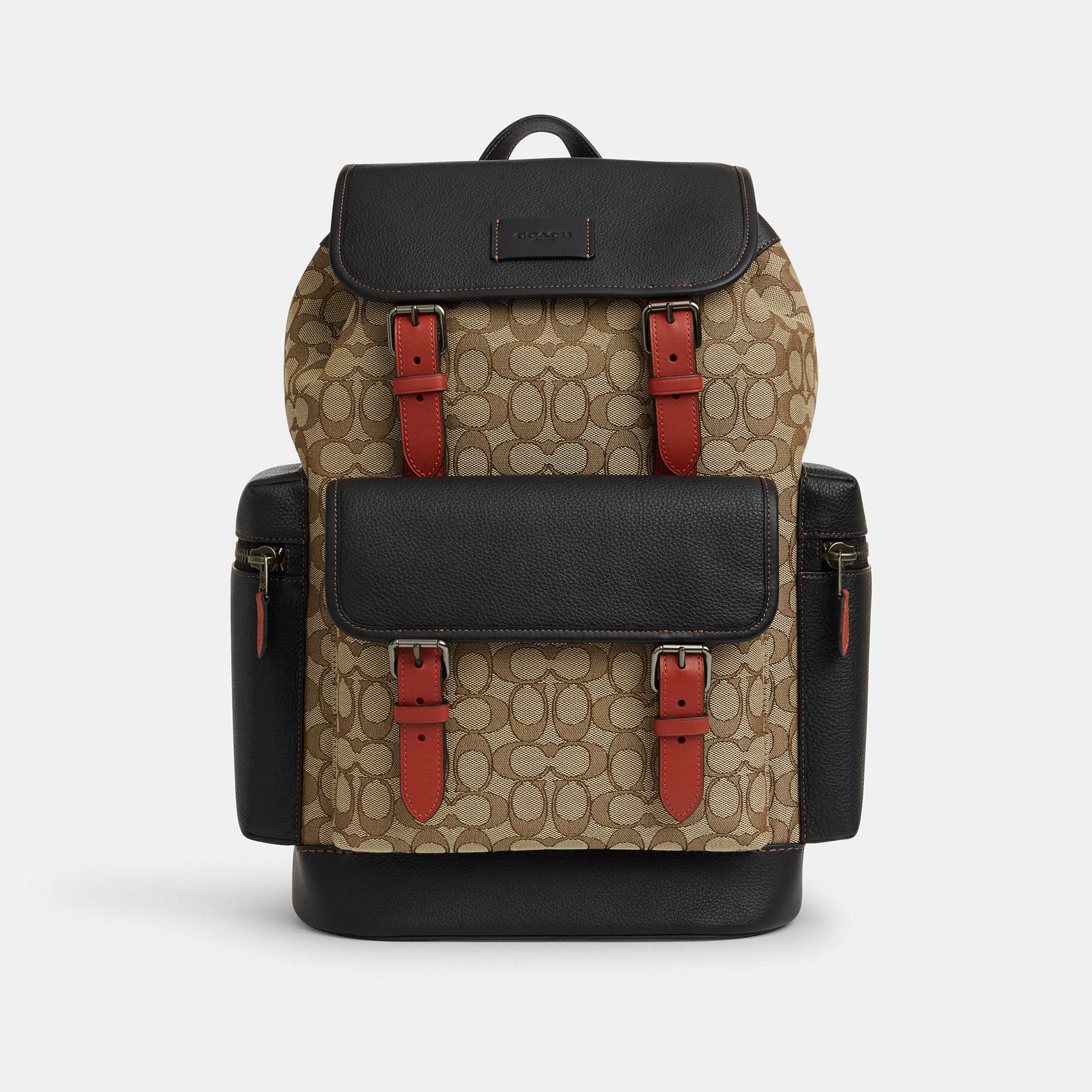 Coach Sprint Backpack In Signature Jacquard Khaki/Black - Front View | Authentic Coach Luxury Accessories