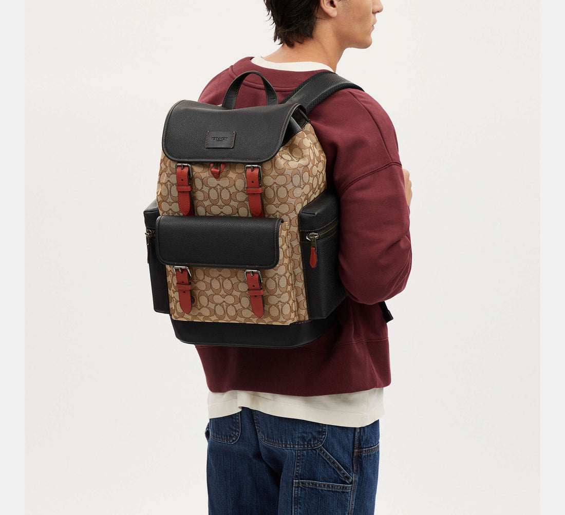 Coach Sprint Backpack In Signature Jacquard Khaki/Black - Front View | Authentic Coach Luxury Accessories