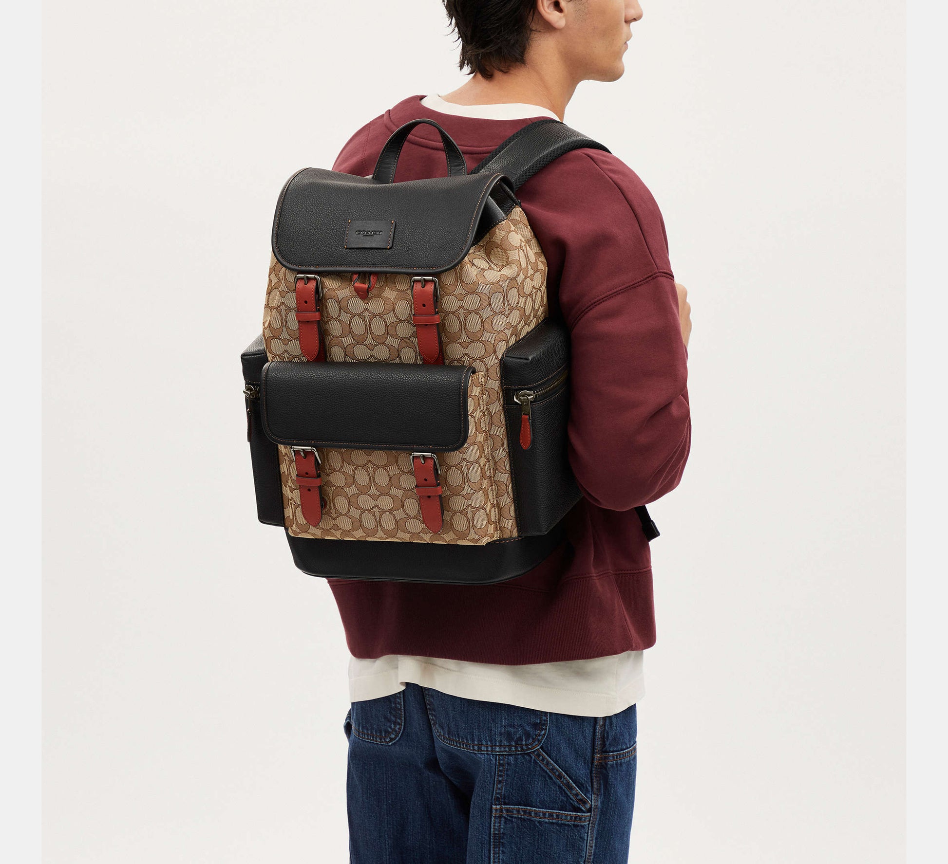 Coach Sprint Backpack In Signature Jacquard Khaki/Black - Front View | Authentic Coach Luxury Accessories
