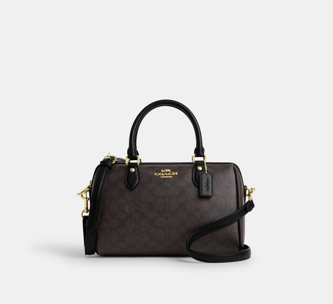 Coach Rowan Satchel Bag in Signature Canvas in Gold/Walnut/Black - Front View