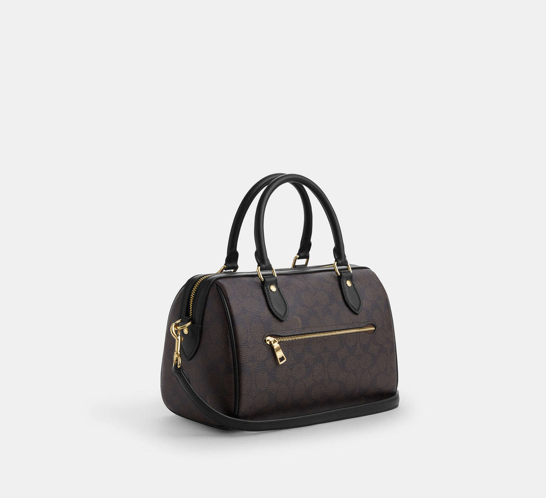 Coach Rowan Satchel Bag in Signature Canvas in Gold/Walnut/Black - Front View