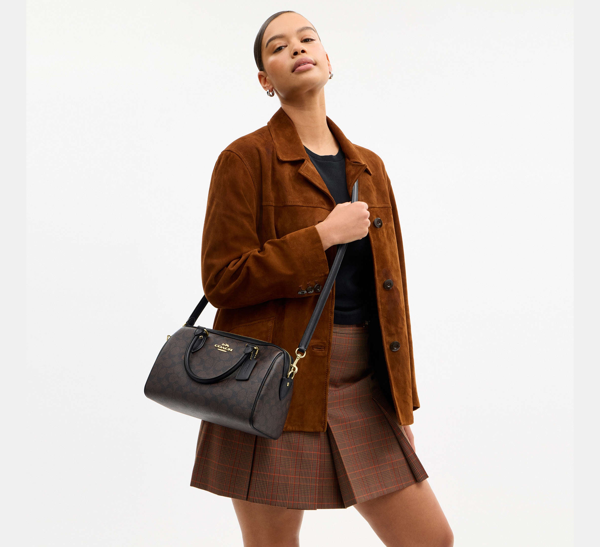 Coach Rowan Satchel Bag in Signature Canvas in Gold/Walnut/Black - On Model