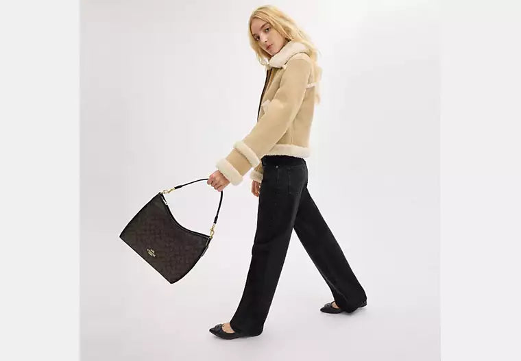 Coach Laurel Shoulder Bag In Signature Canvas Walnut / Black in brown - Front View | Authentic Coach Luxury Accessories