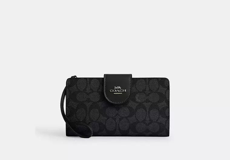 Coach Phone Wallet In Signature Canvas Black/Charcoal - Front View | Authentic Coach Luxury Accessories