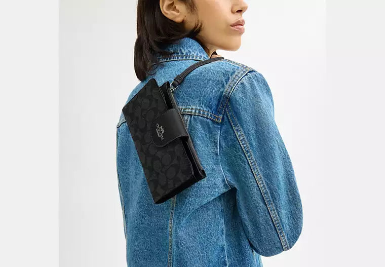 Coach Phone Wallet In Signature Canvas Black/Charcoal - Front View | Authentic Coach Luxury Accessories