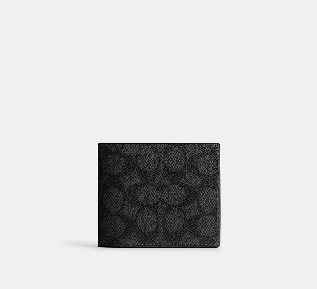 Coach Id Billfold Wallet In Signature Canvas Charcoal/Black - Front View | Authentic Coach Luxury Accessories