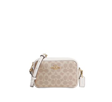 MINI JAMIE CAMERA BAG IN SIGNATURE CANVAS GOLD/SAND/CHALK