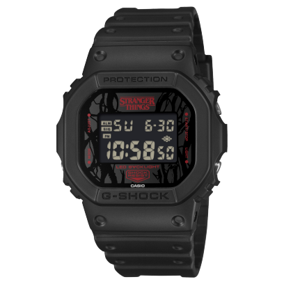 Casio G-Shock x Stranger Things DW-5600STT-1 black square resin watch, front view