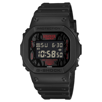 Casio G-Shock x Stranger Things DW-5600STT-1 black square resin watch, front view