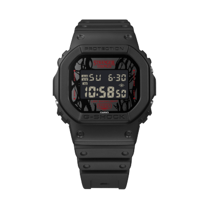 Low-angle view of the Casio G-Shock Stranger Things DW-5600STT-1 case and bezel