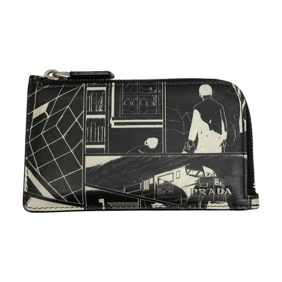 Prada Vitello Comic Print Zip Card Holder Card Case Black / White - Pre-owned