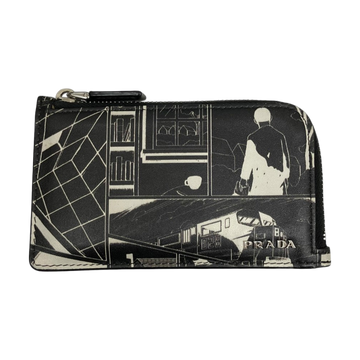 Prada Vitello Comic Print Zip Card Holder Card Case Black / White - Pre-owned