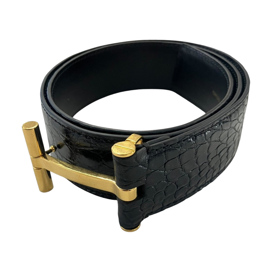 Tom Ford T Buckle Embossed Leather Belt Black Gold - Pre-owned